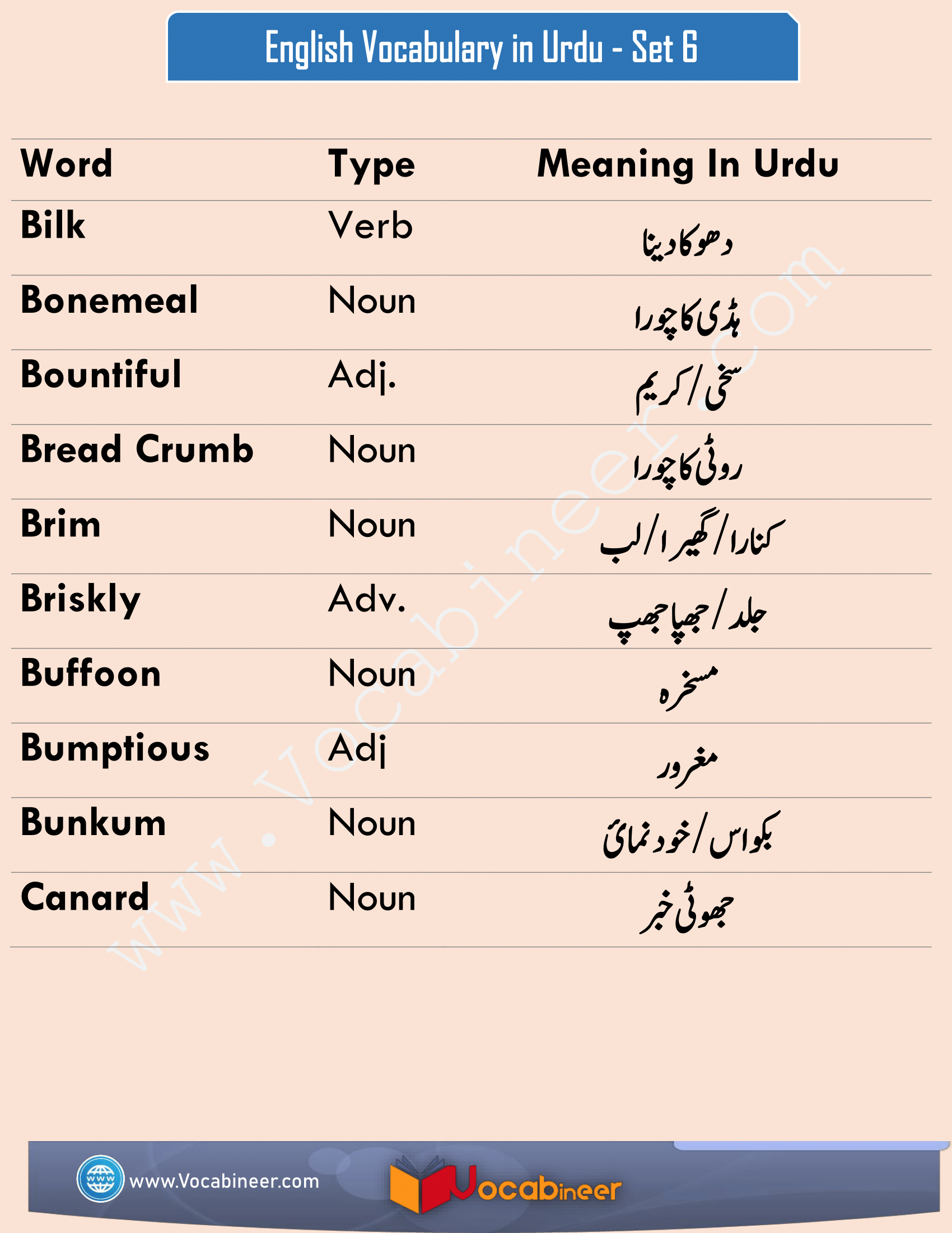 English To Urdu Words Meanings Set 6