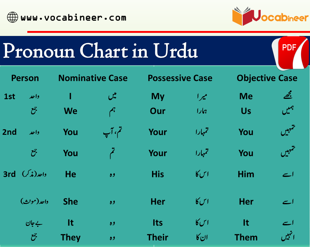 Personal Pronouns Chart In Urdu And Hindi Translation