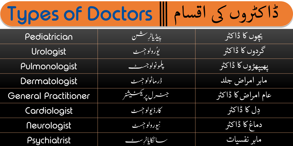 Types Of Doctors With Urdu And Hindi Meanings And PDF